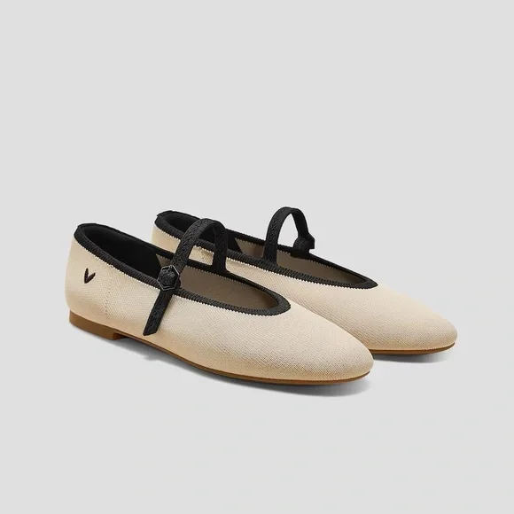 Women's Beige Almond Toe Vivaia Mary Jane Flats with Black Trim - Picture 1 of 4